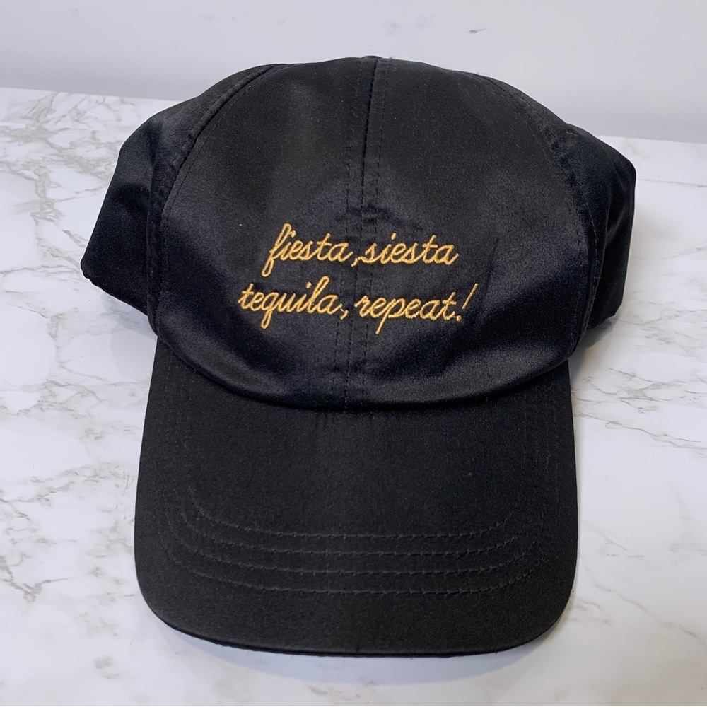 Fiesta Siesta Tequila Repeat Embroidered Black Satin Structured Baseball Cap - Picture 1 of 11
